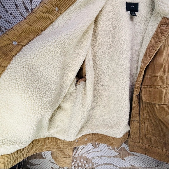 H&M Men's Dark Beige Corduroy Trucker Jacket with Sherpa Borg Lining Size XXL - Picture 4 of 12